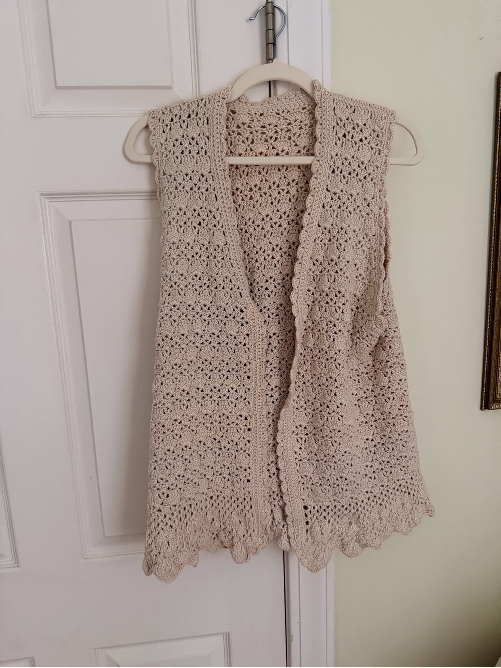 Crocheted Open-Front Women’s Vest Sweater in Beige